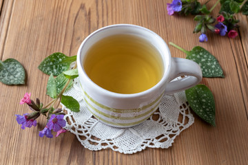 Herbal tea with fresh lungwort, or pulmonaria flowers