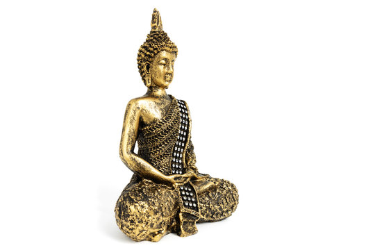 Buddha sculpture with golden color and vintage overall look isolated on white background with left view