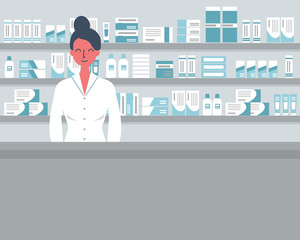 Web banner of a pharmacist. Young woman in the workplace in a pharmacy: standing in front of shelves with medicines. Vector flat illustration