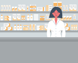 Web banner of a pharmacist. Young woman in the workplace in a pharmacy: standing in front of shelves with medicines. Vector flat illustration