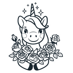 Cute unicorn with roses simple cartoon vector coloring page illustration. Simple  line doodle icon contemporary style design element isolated on white. Magical creatures, fantasy, fairy, dreams theme.