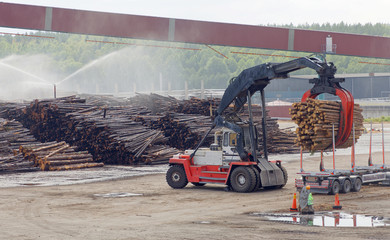 Large machine loading timber at the pulp and paper mill