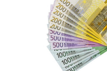 100 200 500 Euro bills isolated on white