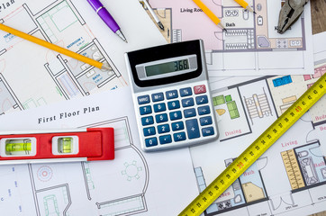 Architectural project with level and ruler