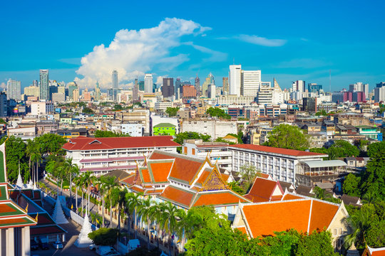 Wat Saket and Bangkok skyline, Bangkok, Thailand