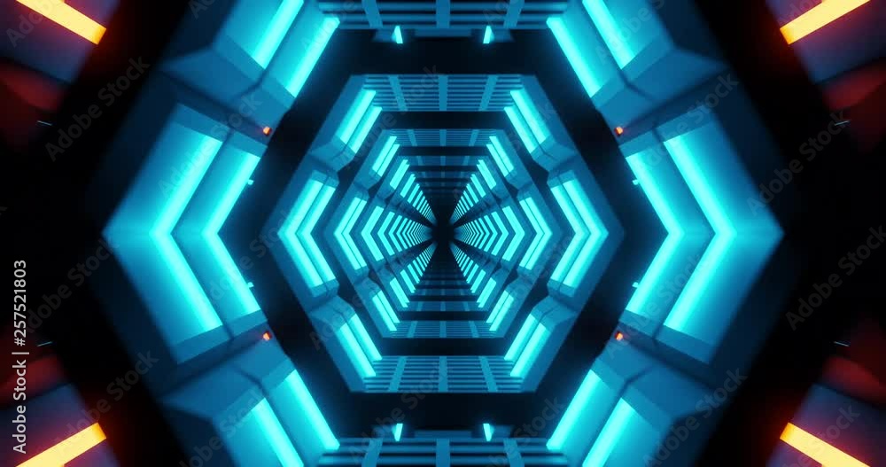Poster 4k seamless loop flying into spaceship tunnel, sci-fi spaceship corridor. futuristic technology abst