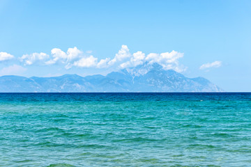 Seascape with view of  Holy Mount Athos seen from Sithonia peninsula.