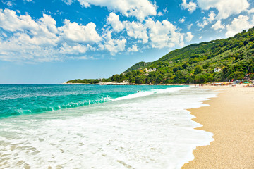 Picturesque beach on the coast of the Aegean Sea.