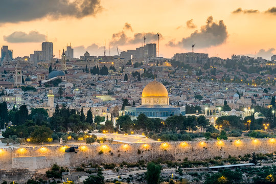 Jerusalem with Dome of the Rock on Temple Mount at sunset, Israel