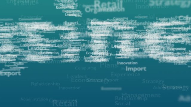 4K video of a word business on a light blue background with different smaller words in motion.  Copy space Stock Video. 3D render. Background
