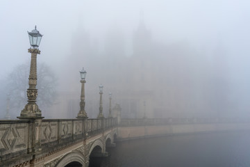 Schwerin Castle in misty weather