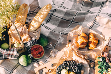 Summer Picnic at sunset on the plaid, food and drink conception lifestyle sunny weather