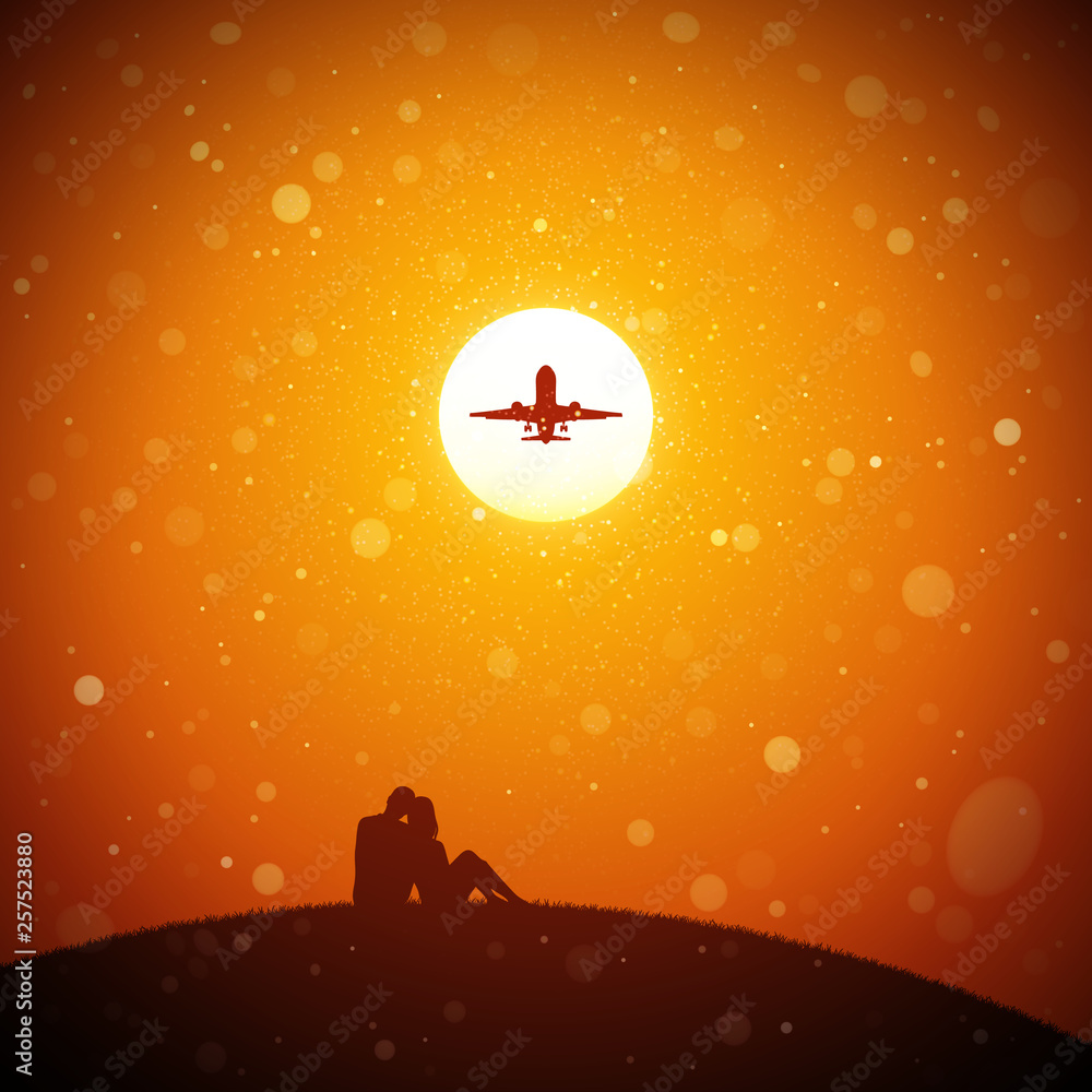 Sticker lovers and flying aircraft at red sunset. vector conceptual illustration with silhouette of couple s