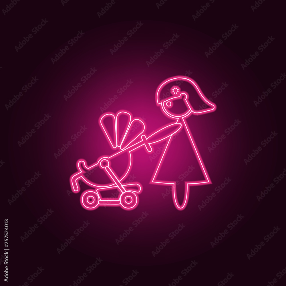 Poster mother with a stroller icon. elements of family in neon style icons. simple icon for websites, web d
