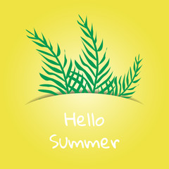 Concept Hello Summer. Tropical plant on a yellow background. Design template with space for text