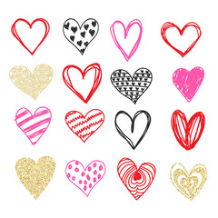 Doodle love heart Valentines Day vector set