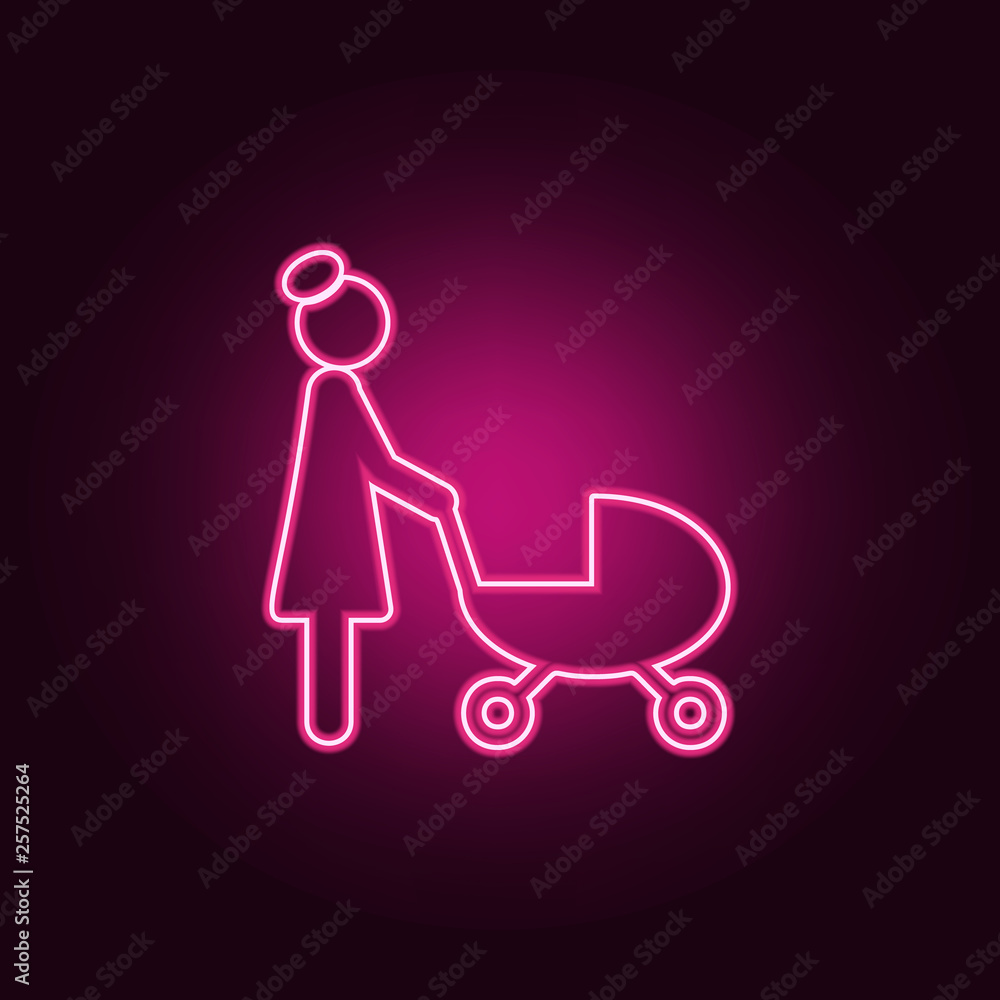 Poster mother with a stroller icon. elements of family in neon style icons. simple icon for websites, web d