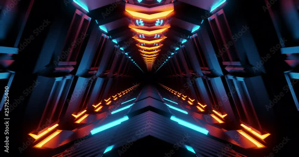 Poster 4k seamless loop flying into spaceship tunnel, sci-fi spaceship corridor. futuristic technology abst