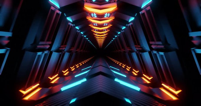 4K seamless loop flying into spaceship tunnel, sci-fi spaceship corridor. Futuristic technology abstract seamless VJ for tech titles and background. Motion graphic for internet, speed. 3D render