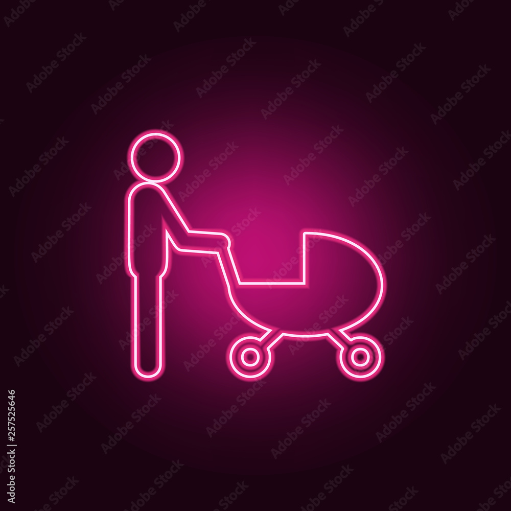 Poster father with a stroller icon. elements of family in neon style icons. simple icon for websites, web d