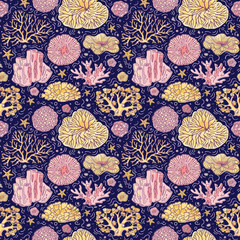 Fototapeta na wymiar Colorful background for the design and decoration of fabrics, wallpapers, home textiles, packaging, and surfaces. Seamless vector pattern on the marine theme with beautiful corals.