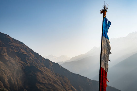 Prayer flag against sky, Goljung, Rasuwa, Nepal