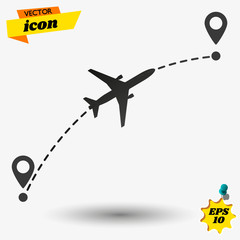 Airplane flight route. Flight tourism route path. Starting pin to destination point. Travel symbol. Vector illustration