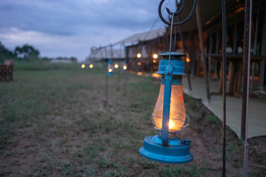 Lantern hanging in safari camp,  Serengeti National Park, Ngorongoro District, Tanzania