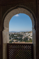  Arab windows of the Alhambra of Granada with beautiful views. Spain