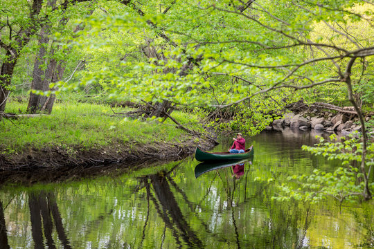 A man canoeing in spring on the Lamprey River in Epping, New Hampshire.