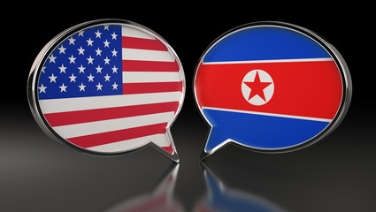 USA and North Korea flags with Speech Bubbles. 3D Illustration