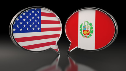 USA and Peru flags with Speech Bubbles. 3D Illustration