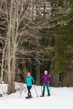 Two women snowshoe on a forest trail in Epping, New Hampshire.