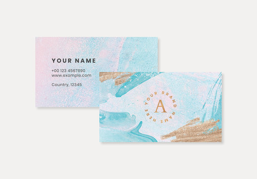 Pastel Business Card Layout with Paint Elements and Gold Accents