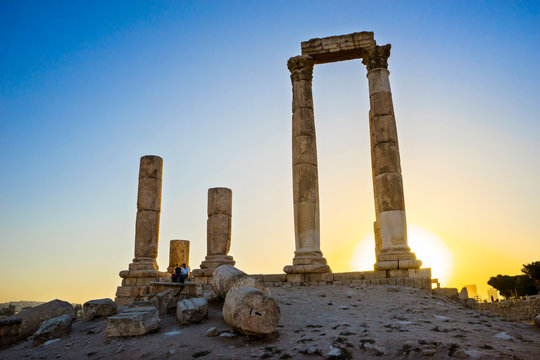 Temple of Hercules in Amman Citadel at sunset, Amman, Jordan