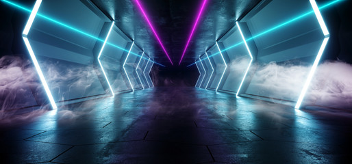 Smoke Fog Futuristic Sci FI Alien Spaceship Neon Laser Led Blue Purple Glowing Tunnel Metal Reflection Grunge Concrete Floor Wet Gate Virtual Reality Fluorescent  Vibrant Hall Corridor 3D Rendering