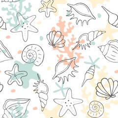 Seamless pattern with seashells, corals and starfishes. Marine background. Vector illustration in sketch style. Perfect for greetings, invitations, wrapping paper, textile, wedding and web design.