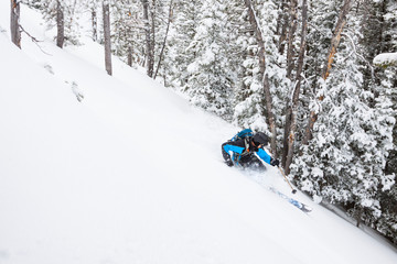 A male skier make a deep powder turn at Big Sky Resort the largest ski resort in the United States by acreage with 5,750 acres, 30 lifts and a vertical drop of 4,350 feet located in Big Sky, Montana.