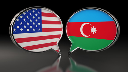 USA and Azerbaijan flags with Speech Bubbles. 3D Illustration