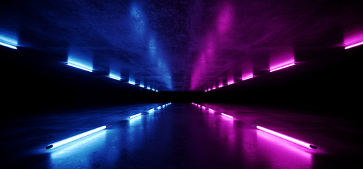 Fototapeta na wymiar Cement Futuristic Sci Fi Neon Glowing Laser Fluorescent Retro Blue Purple Vibrant Tunnel Corridor Dark Empty Grunge Concrete Reflections Way Gateway Club Virtual 3D Rendering