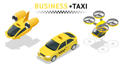 Isometric high quality city service transport icon set. Car taxi and air taxi. Build your own world web infographic collection. Modern futuristic air passenger transport. - obrazy, fototapety, plakaty