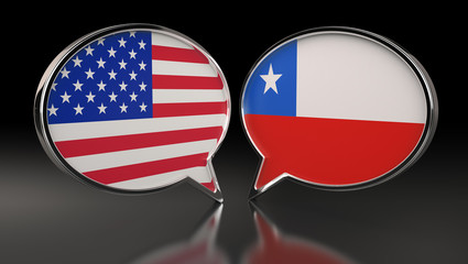 USA and Chile flags with Speech Bubbles. 3D Illustration