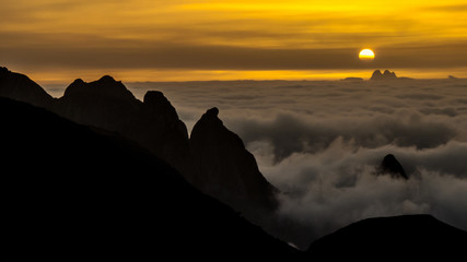 Sunrise seen from the Serra dos Orgaos National Park, over a sea of clouds, Teresopolis, Brazil