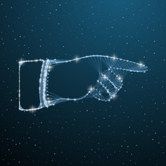 Right forefinger pointing polygonal concept. Pointing hand finger touching a starry sky or space button. Vector illustration low poly wireframe hand with line, dot and star