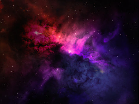 Landscape background of fantasy alien galaxy with purple red and blue violet glowing clouds and stars. The elements of this image furnished by NASA.