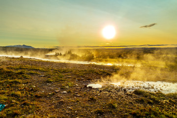 A landscape with Geysir, one of the biggest attraction of Iceland