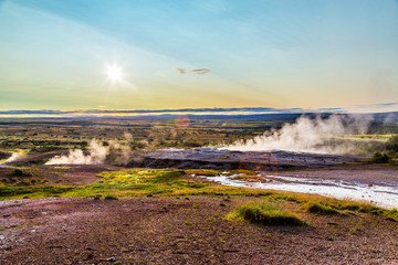 A landscape with Geysir, one of the biggest attraction of Iceland