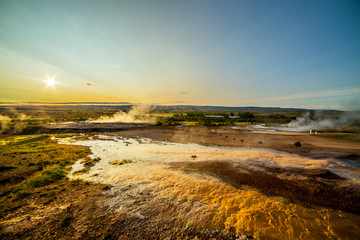 A landscape with Geysir, one of the biggest attraction of Iceland