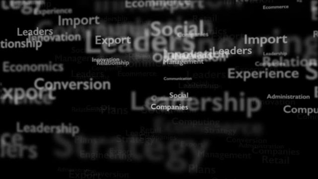 Word business at the center of video. White word business on a black background with different words, which deal with business. For slideshow. Close up. Copy space. 3D. Video 4K.