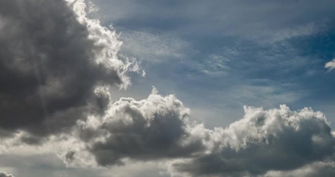 Time lapse clip of gray fluffy curly rolling clouds before storm in windy weather with sun rays
